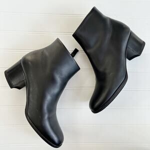 Chanel CC Black Leather Ankle Booties 36.5 Low Heel Logo Designer Boots